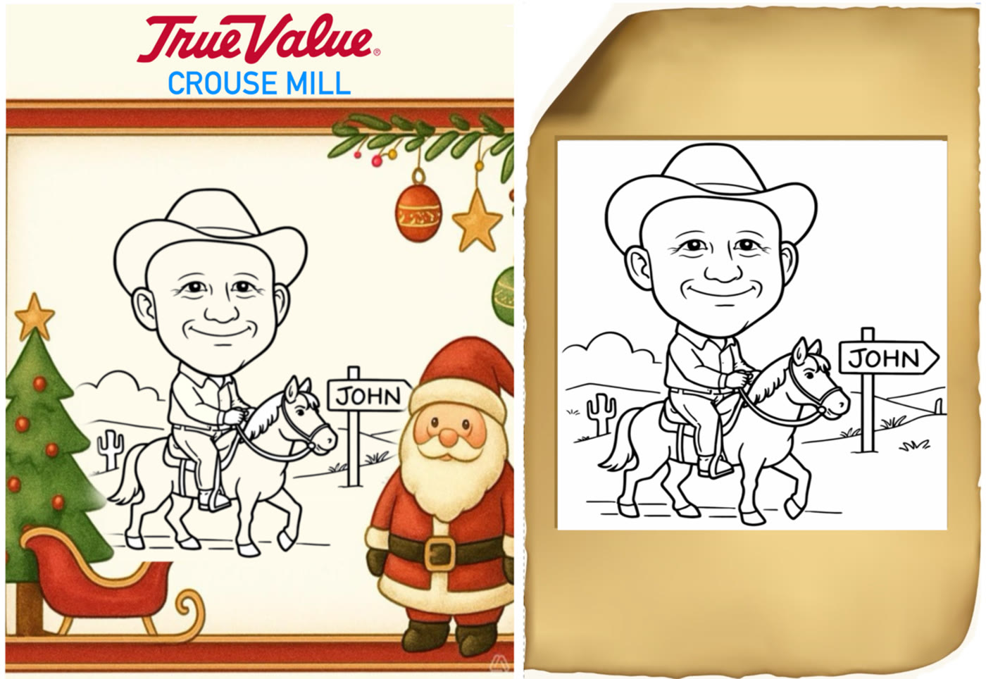 Side by side: a plain print border next to a fully branded True Value Crouse Mill border