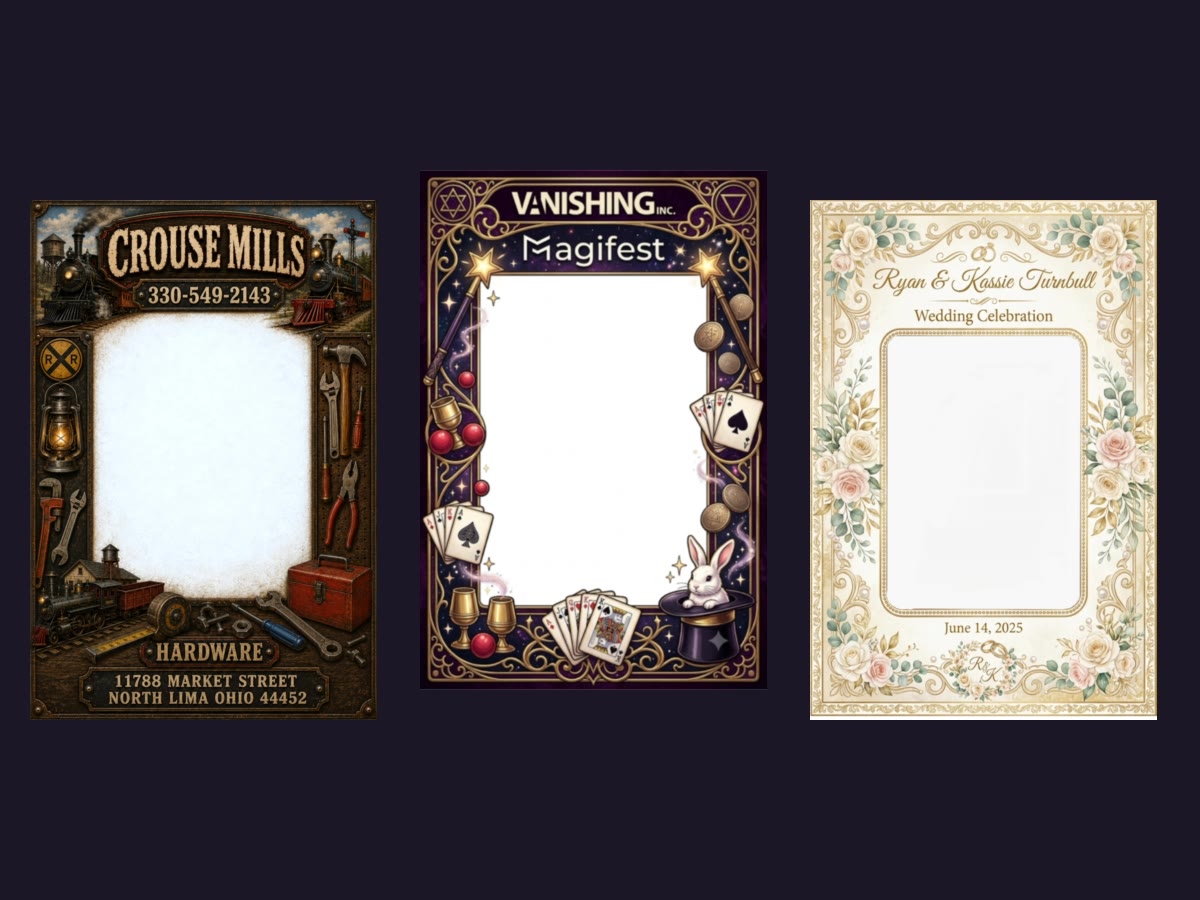 Three custom digital print borders — a hardware store, a magic convention and a wedding