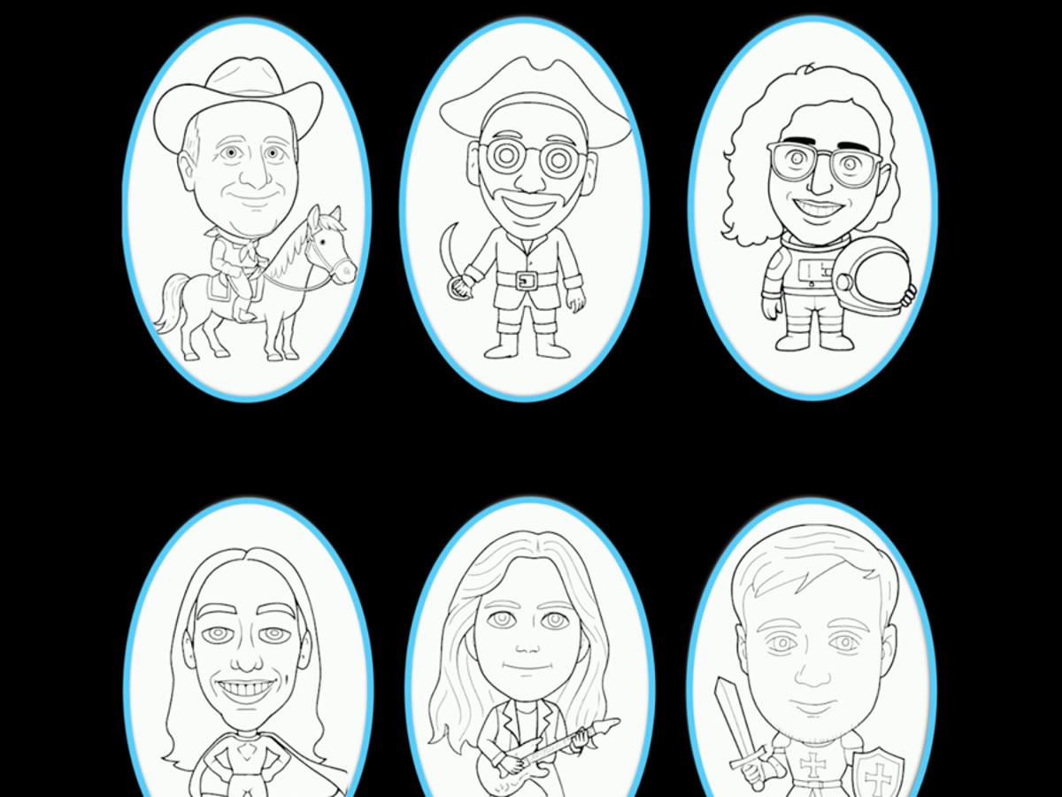 Six character styles from the Draw-Me-Bot interface — cowboy, pirate, astronaut, superhero, rock guitarist and knight