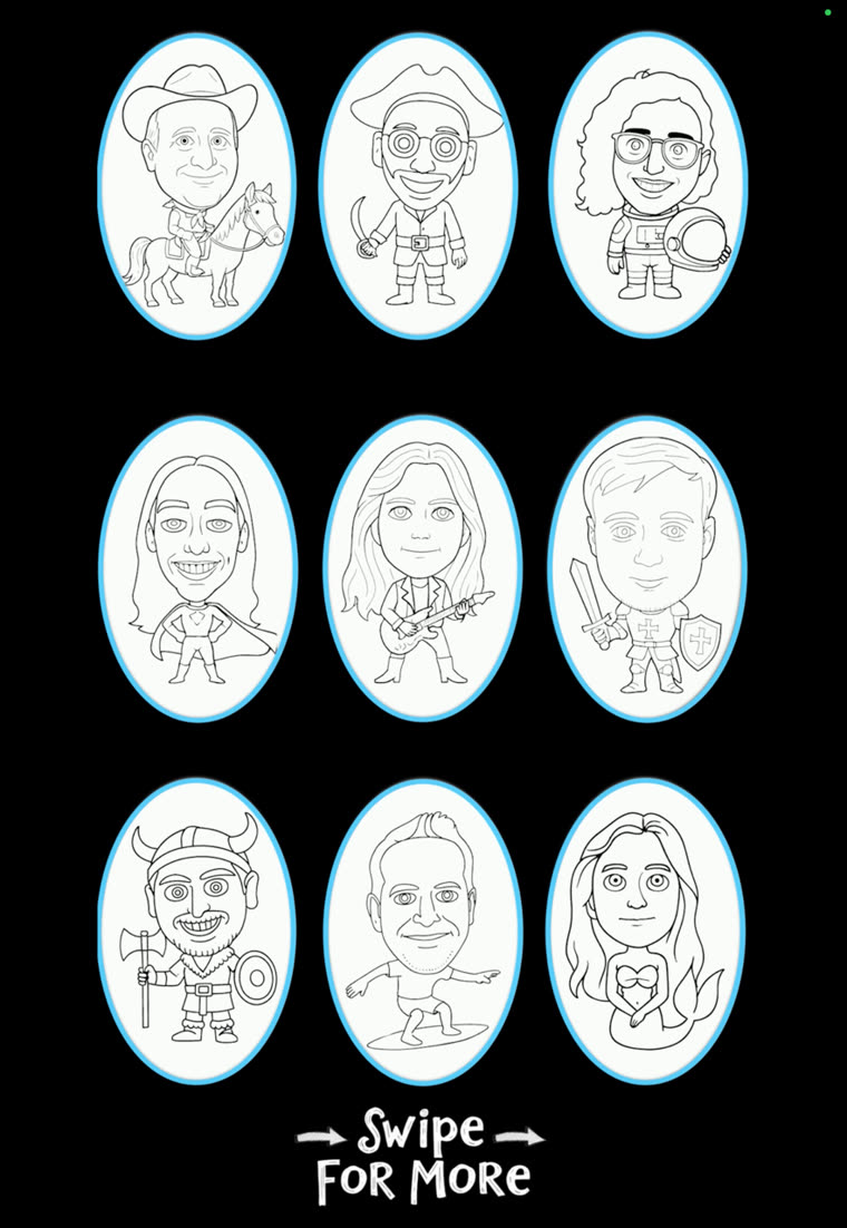 Draw-Me-Bot style options — cowboy, pirate, astronaut, superhero, guitarist, knight, viking, surfer and mermaid