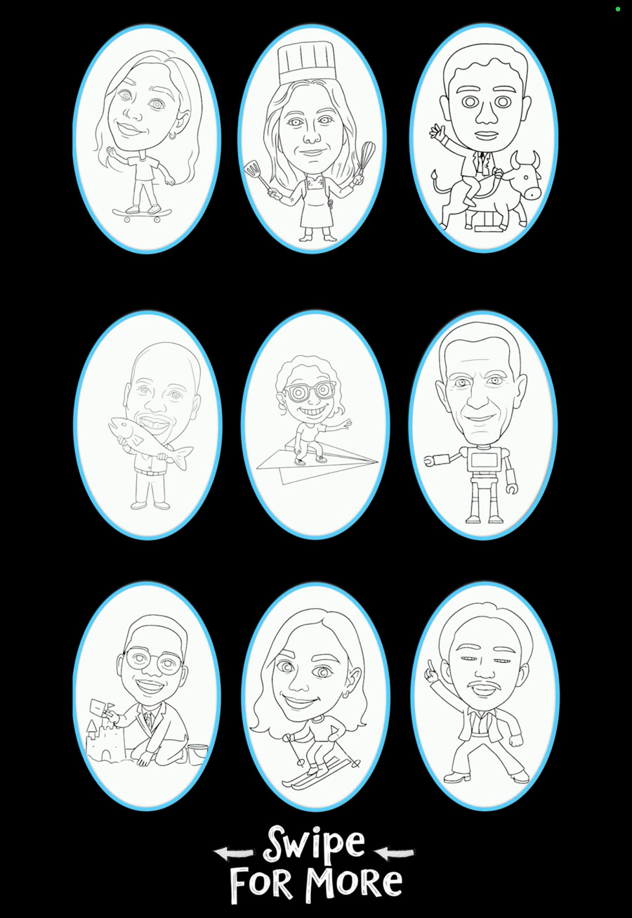 Draw-Me-Bot style options — skateboarder, chef, bull rider, angler, paper plane, robot, sandcastle builder, skier and dancer