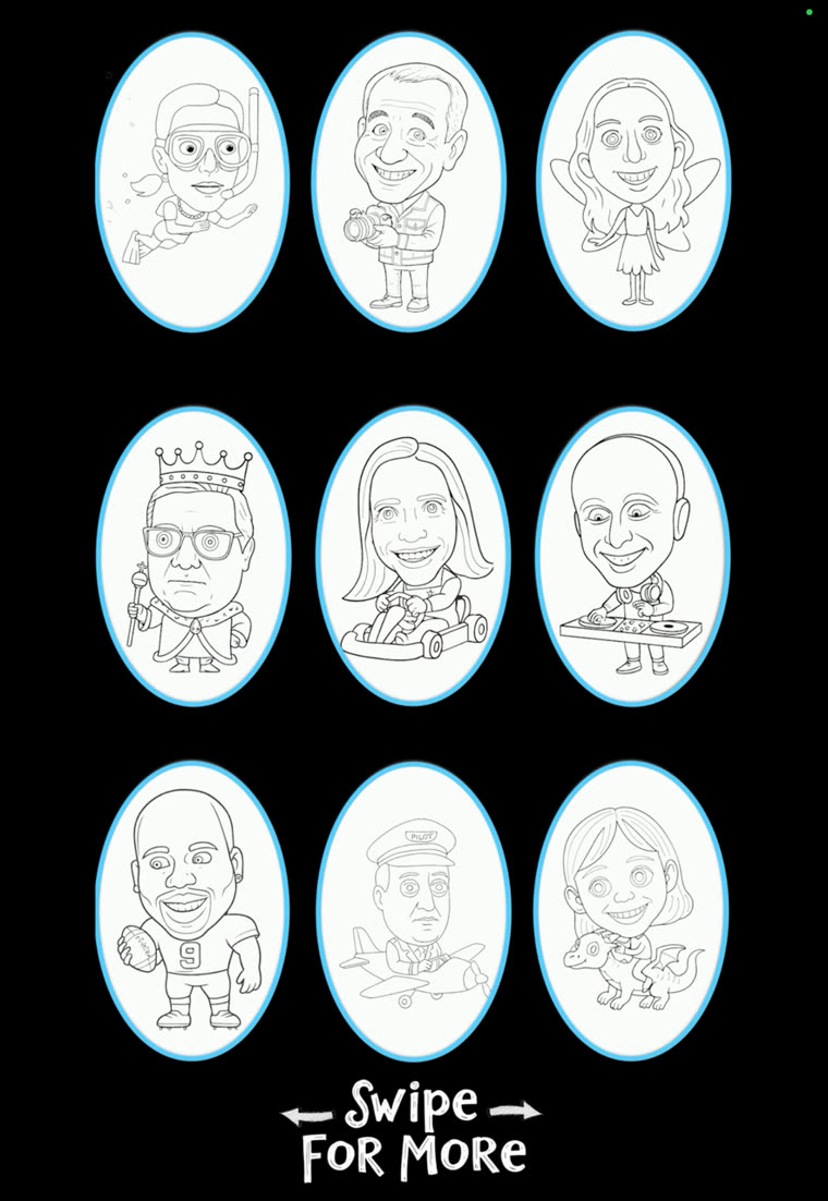 Draw-Me-Bot style options — scuba diver, photographer, fairy, king, go-kart racer, DJ, footballer, pilot and dragon rider