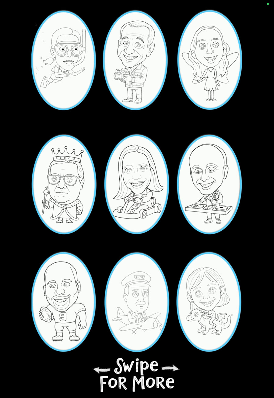 Draw-Me-Bot style options — scuba diver, photographer, fairy, king, go-kart racer, DJ, footballer, pilot and dragon rider