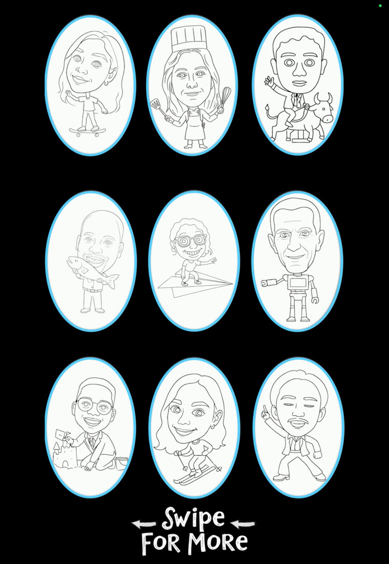 Draw-Me-Bot style options — skateboarder, chef, bull rider, angler, paper plane, robot, sandcastle builder, skier and dancer